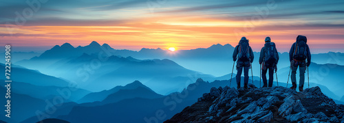 Silhouette of people with trekking poles on mountain. Generative AI. photo