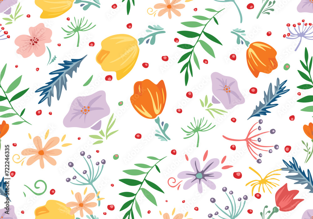 Seamless pattern with colorful wild flowers on white background. Seamless pattern with colorful wild flowers on white background.