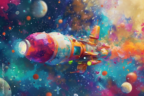 An abstract interpretation of a child's journey into space, with a burst of colors, shapes, and cosmic elements