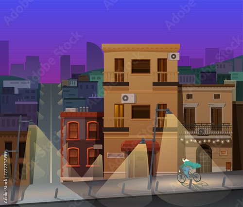 cyclist on a beautiful night street with lanterns in the city, vector illustration