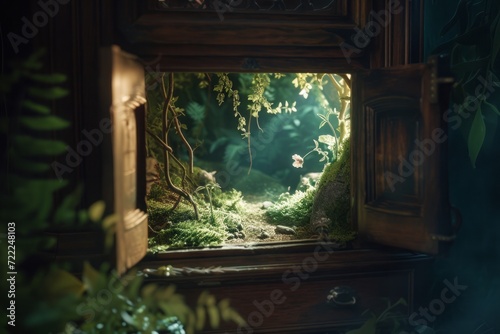 The magical transformation of shadows under a cabinet into an enchanted forest where fairies and elves dwell children can encounter magical beings explore mysterious paths and solve enchanting puzzles