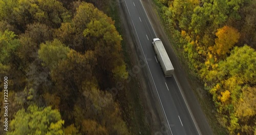 One Semi Truck with white trailer and cab driving, traveling alone on dense flat autumn yellow forest asphalt straight road, highway top down view follow vehicle aerial footage. Freeway trucks traffic