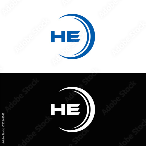 HE logo. H E design. White HE letter. HE, H E letter logo SET design. Initial letter HE linked circle uppercase monogram logo. H E letter logo SET vector design. HE letter logo design five