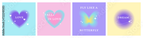 Trendy retro posters with aura effect in y2k style. Blurry gradient backgrounds with text, sparkles, vintage heart, butterfly, dream, love concept. Vector   