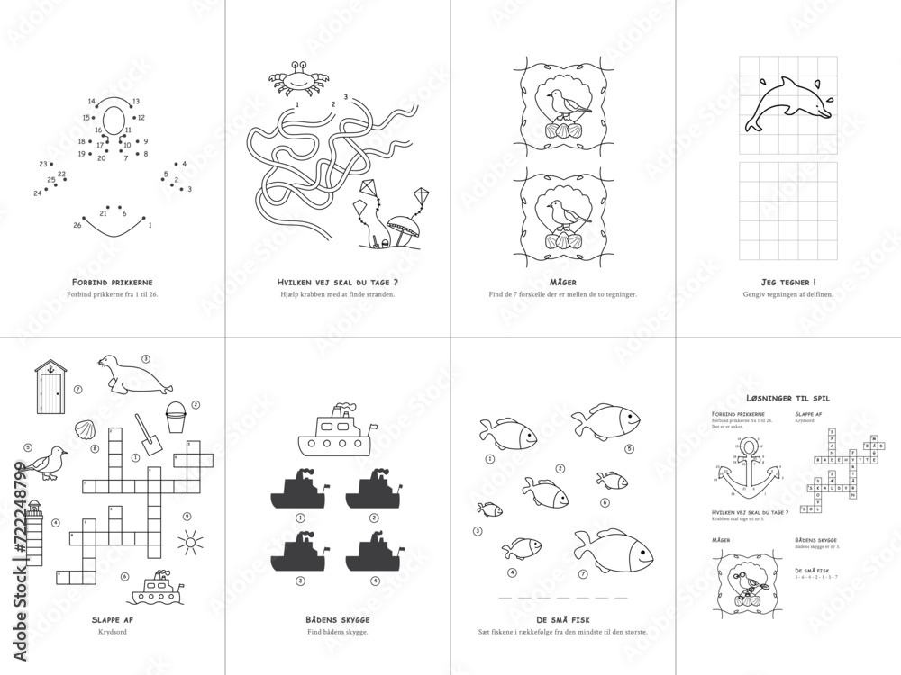 Set of seven games on the theme of the sea. Game and coloring page for kids. Danish language. Vector illustration. Set No. 1.