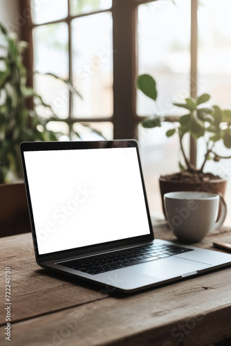 Laptop blank screen on wooden table in coffee shop blurred background.Generative AI,