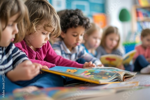 Children in kindergarten learn to read at a reading lesson photo