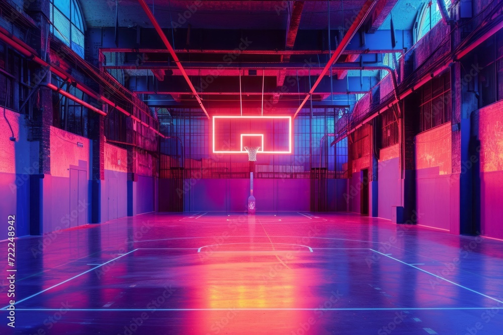 The essence of a streetball arena in the urban environment, adorned with vibrant neon lights. The court is illuminated in electric hues, creating a futuristic and visually stunning atmosphere