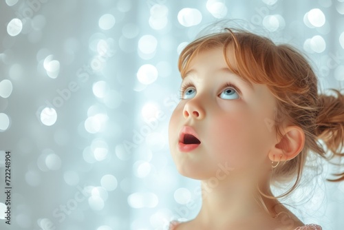 Portrait of a surprised young girl looking upwards against a bright background
