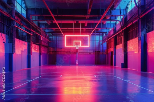 The essence of a streetball arena in the urban environment, adorned with vibrant neon lights. The court is illuminated in electric hues, creating a futuristic and visually stunning atmosphere