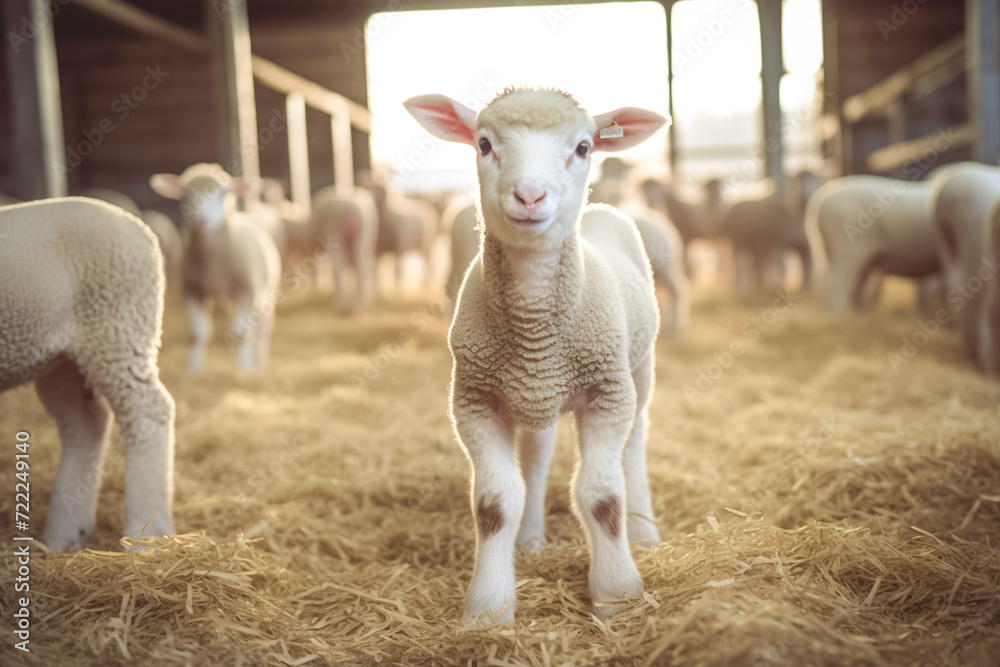 Obraz premium Portrait of a cute lamb on a background of sheep in the barn. In background flock of sheep.