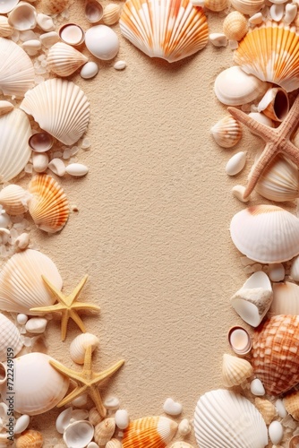 A clean summer beach mockup with seashells around, copy space place for text background