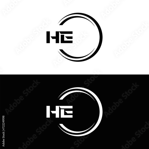 HE logo. H E design. White HE letter. HE, H E letter logo SET design. Initial letter HE linked circle uppercase monogram logo. H E letter logo SET vector design. HE letter logo design five © MdRakibul