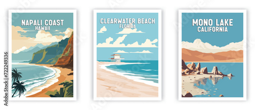 Mono Lake, Napali Coast, Clearwater Beach Illustration Art. Travel Poster Wall Art. Minimalist Vector art