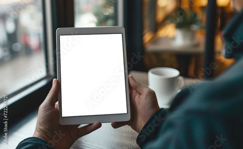 Business man working on tablet computer with blank screen and coffee cup. Generative AI.