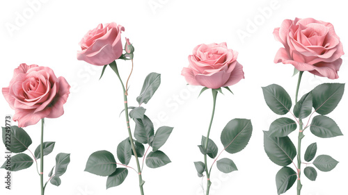 Set of pink roses leaf floral single plant on transparent background. Valentine's day. Mock up template product presentation. artwork design © MDNANNU