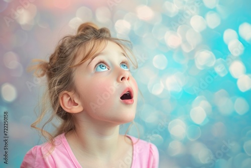 Portrait of a surprised young girl looking upwards against a bright background