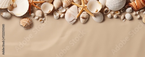 A clean summer beach mockup seen from above with seashells around, copy space place for text background
