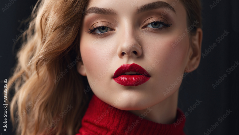 close up female model wearing red lipstick