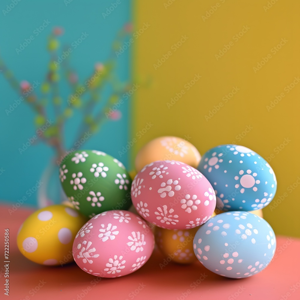 Decorated eggs on the background of a multicolored wall and a vase of flowers