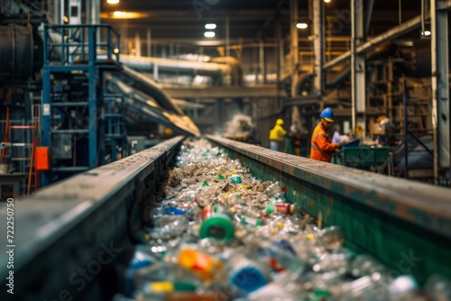 The intricate process of plastic recycling in a state-of-the-art facility. Bustling factory with workers carefully sorting and processing different types of plastic materials