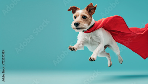 Superhero dog, creative picture of cute animal wearing cape and mask jumping and flying on light background, copy space. Leader, funny animals studio shot