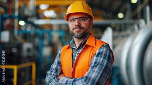 Confident Industrial Engineer in Hard Hat at Manufacturing Plant