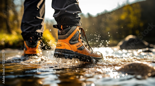 Hiking boot Crossing the stream. Legs on mountain trail during trekking in forest. Leather ankle shoes photo