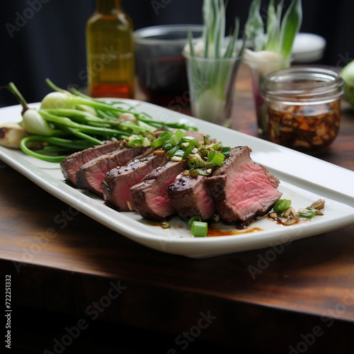 Illustration, flank steak, green onions, ponzu sauce, beautiful restaurant presentation, unusual background.