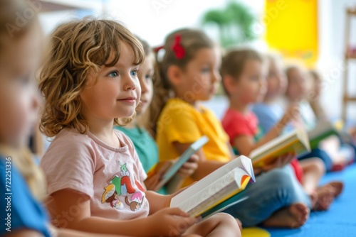 Children in kindergarten learn to read at a reading lesson