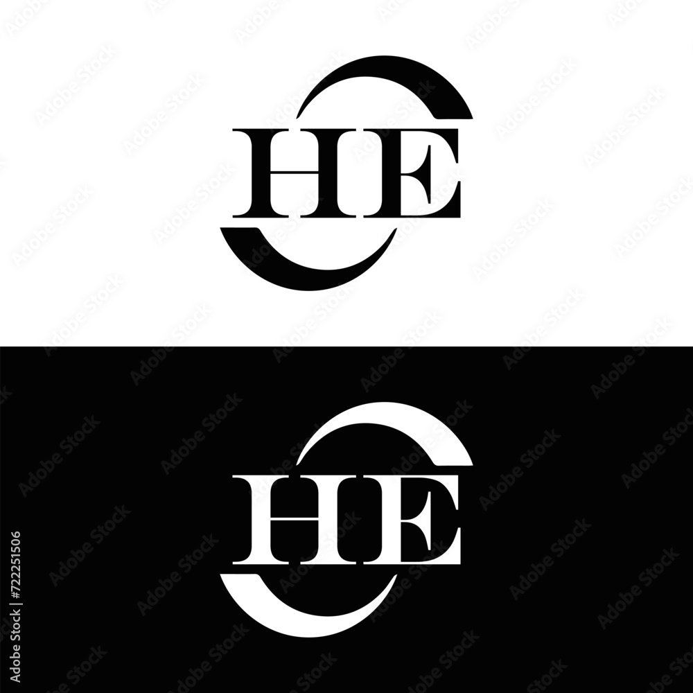 Fototapeta premium HE logo. H E design. White HE letter. HE, H E letter logo SET design. Initial letter HE linked circle uppercase monogram logo. H E letter logo SET vector design. HE letter logo design five