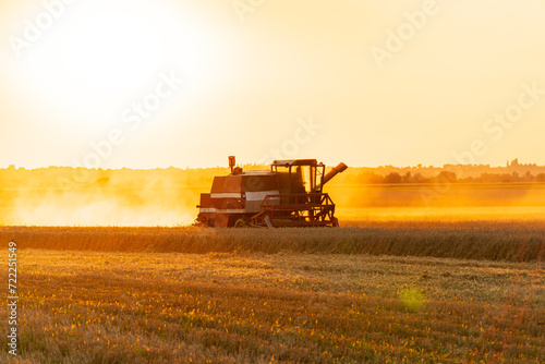 Combine harvester to gather wheat in a field during a summer sunset. Combine harvester in action. Harvesting