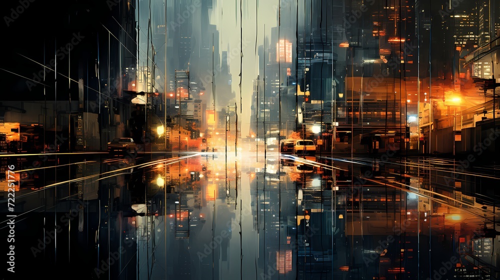 Abstract reflections in a rain-soaked urban environment with city lights