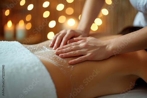 Top view of a masseuse s hands pressing on a woman s back.