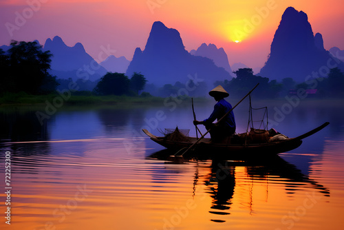 Fisherman Standing on boat ...