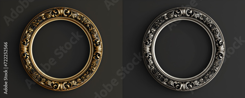 Golden and silver round picture frame on the dark background.