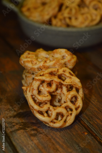 Kerupuk sebring or seblak kering a typical snack from Bandung. These Sebring crackers are available in original and spicy flavors. photo