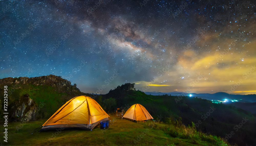 camping in the mountains, milky way sky