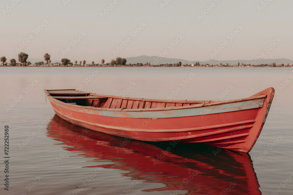 Fototapeta premium Wooden boats on the shore of a lake at sunset