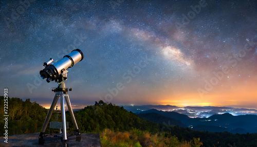 Astronomy telescope and milky way sky
