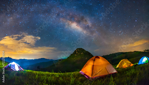 camping in the mountains, milky way sky