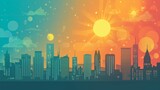 Colorful Urban Skyline with Sun Illustration