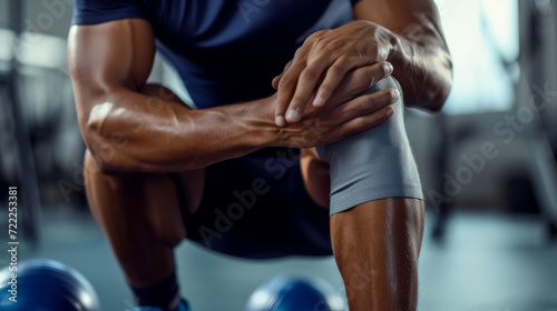 close-up view is shown of a muscular man in gym attire gripping his knee, possibly indicating a workout or a knee injury. photo