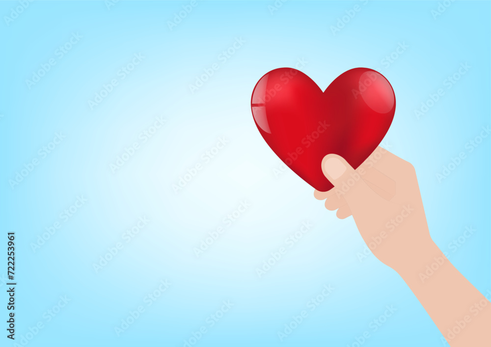 Hand Holding Red Heart on Blue Background. Concept of Valentine's Day and Mother's Day Concept. Vector Illustration. 