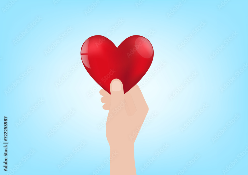 Hand Holding Red Heart on Blue Background. Concept of Valentine's Day and Mother's Day Concept. Vector Illustration. Hand Holding Red Heart on Blue Background. Concept of Valentine's Day and Mother's Day Concept. Vector Illustration.