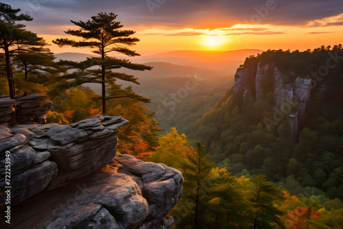 Mountain rock, sunset and s...