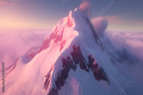 Mountain rock, sunset and snow fog