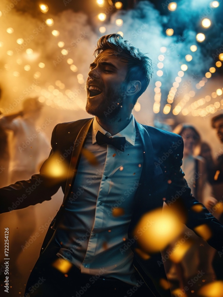 Man dancing in a nightclub, blue light, tuxedo, shirt, formal outfit, afterwork, luxury, vip night, smoke and light effect, man having fun, party in the evening, Generative AI
