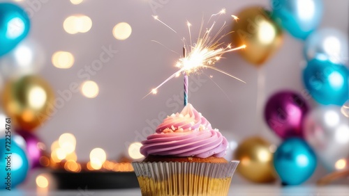  cupcake with sparklers, birthday cupcakes decorated with color icing cookies, with background space for text