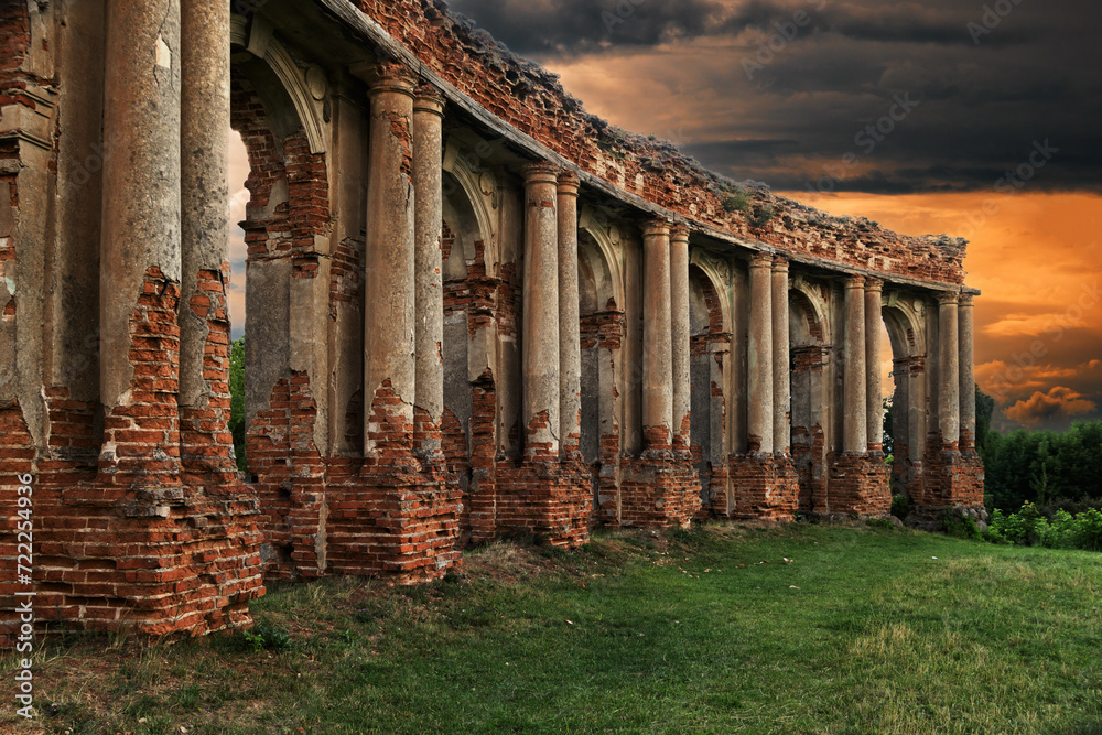 Fantastic scene with a collapsing colonnade against a dramatic sky.
